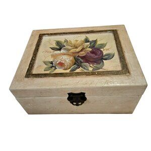 Jewelry Box Hand-Painted Wooden With Floral Design & Velvet Lining